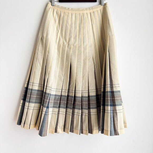 Highland Queen Wool Fully Reversible Ivory Brown Blue Pleated Midi Skirt M - Picture 5 of 6